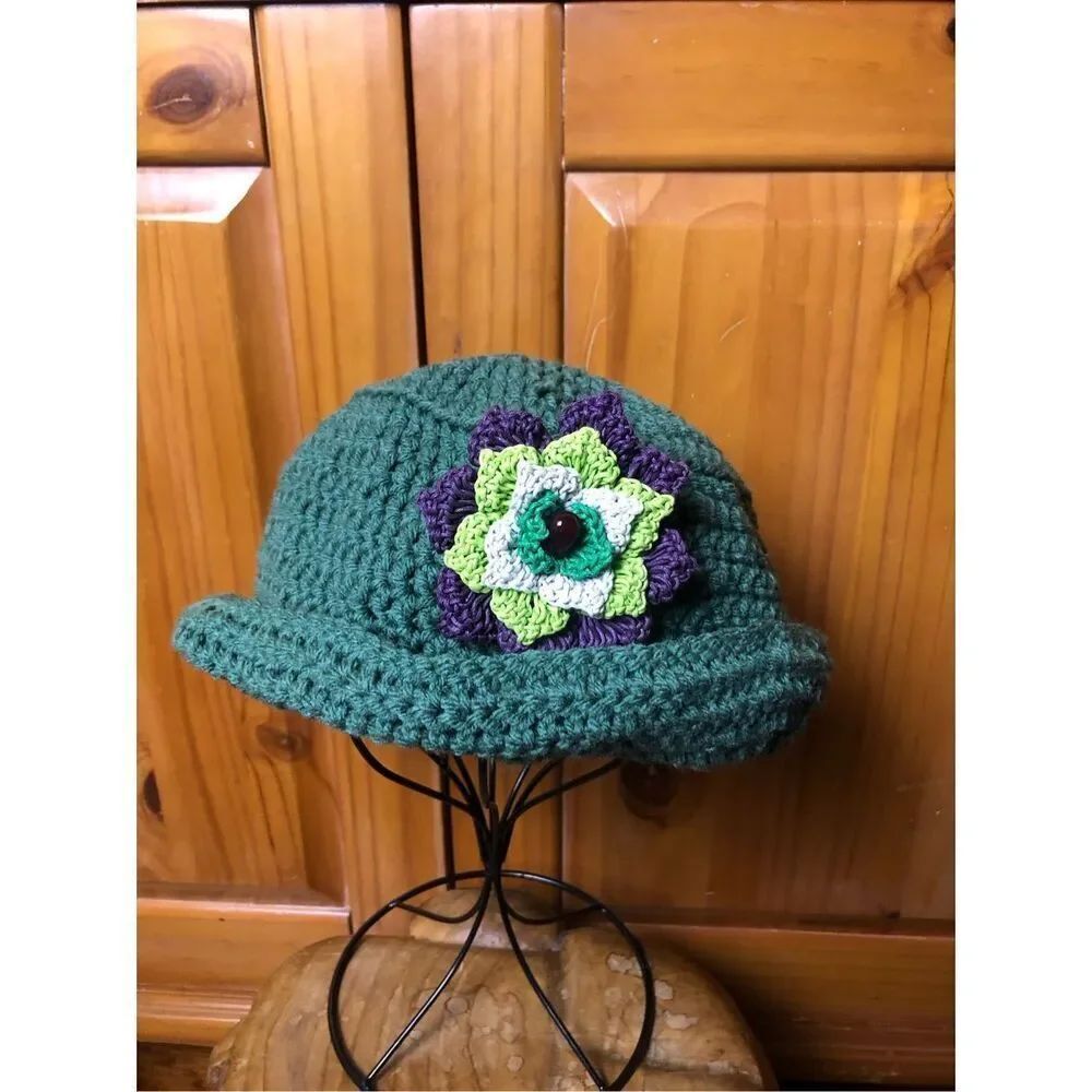 Handmade Crochet Cloche Hat Green Floral Boho Bucket Womens OS